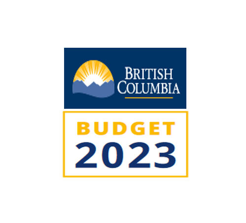 Logo featuring a stylized sun rising over mountains with the text British Columbia above. Below, a section reads Budget 2023 in blue and yellow.