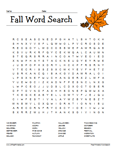 Fall-themed word search puzzle with scattered letters. An orange leaf and acorn graphic adorns the top. Words to find include November, pumpkin, Halloween, and Thanksgiving, listed at the bottom. Website: allfreekidscrafts.com.