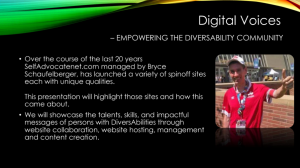 A presentation slide titled Digital Voices - Empowering the Diversability Community. It features bullet points about self-advocate sites and highlighting talents, alongside a smiling person in a red shirt giving a thumbs-up.