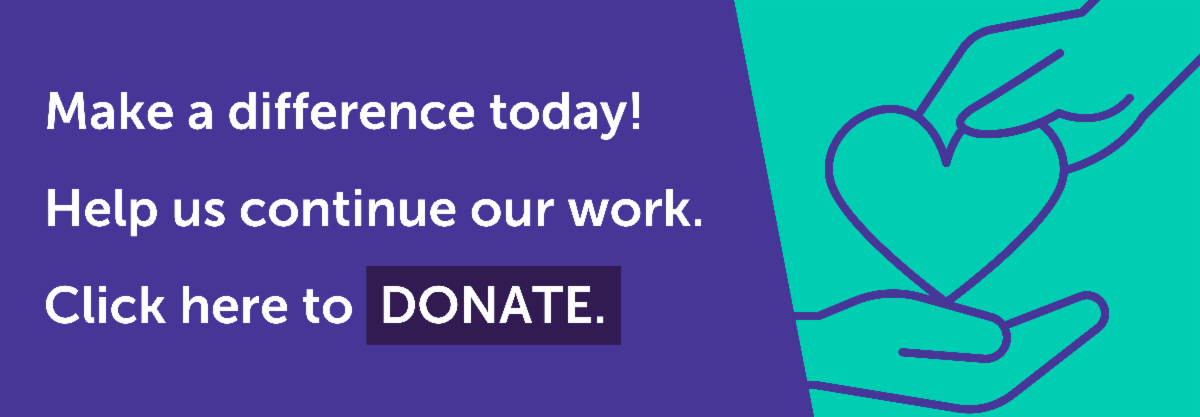 Illustration with a blue and purple background. Text reads: Make a difference today! Help us continue our work. Click here to DONATE. A line drawing of a hand holding a heart is on the right side.