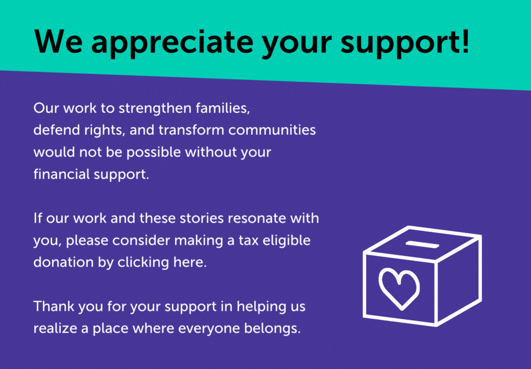 A support message thanking donors, with text describing the importance of financial contributions for strengthening families and communities. Includes a box with a heart icon and prompts for tax-eligible donations. Background is teal and purple.