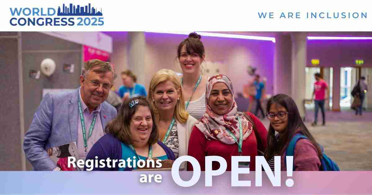 A diverse group of people smiling at a conference with World Congress 2025 and Registrations are OPEN! text. The backdrop is a well-lit, modern conference hall. The slogan We Are Inclusion is displayed at the top.