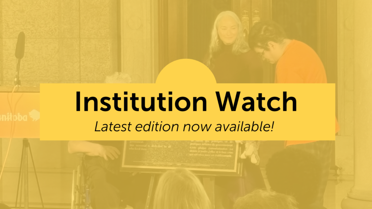 ALT: A man in an orange shirt and a seated person unveil a plaque. Behind them is a woman with long hair. Overlaid text reads, Institution Watch - Latest edition now available! The scene has a yellowish tint.