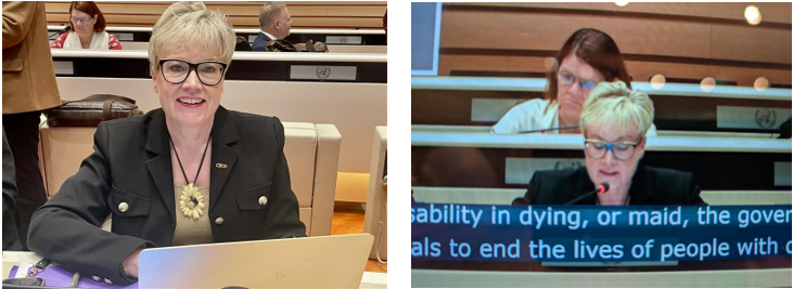 Left image: A person with short hair and glasses, wearing a black jacket, sits smiling at a desk with a laptop. Right image: The same person is speaking at a meeting, appearing on a large screen, with text partially visible.