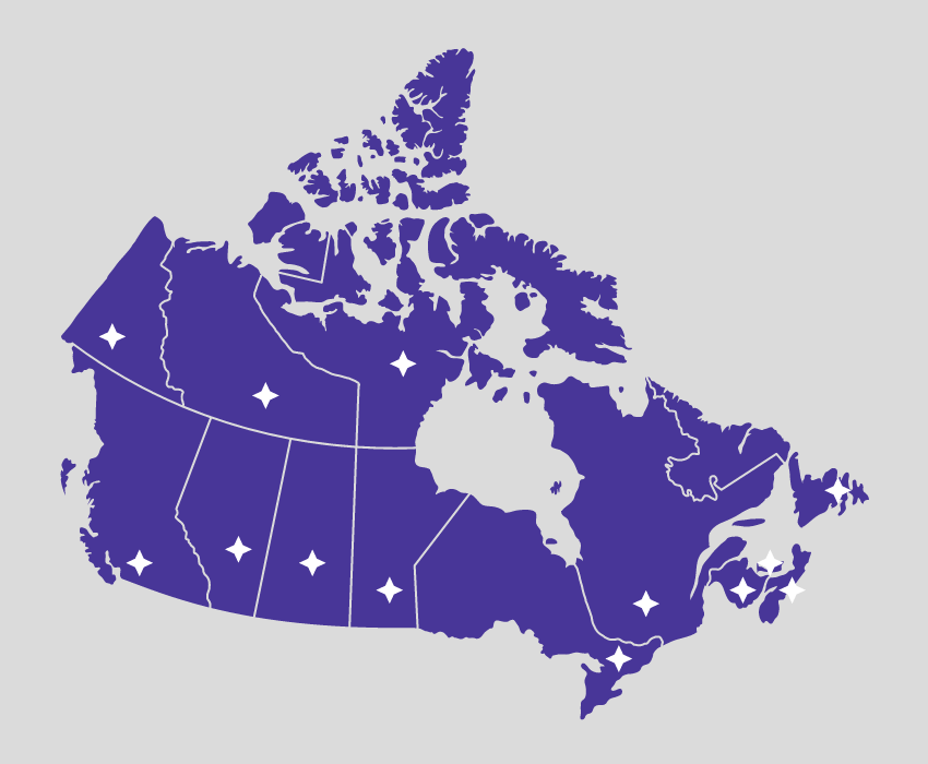 Map of Canada in purple on a gray background, showing provinces and territories with white star markers placed in various regions across the country.