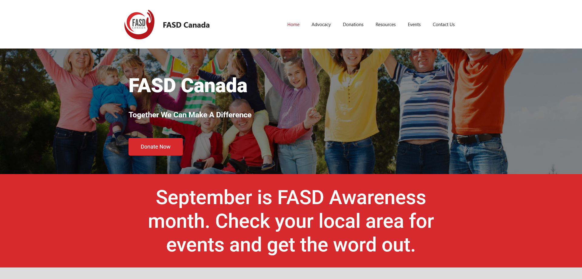 Banner for FASD Canada with diverse group of smiling people outdoors, raising arms in celebration. Text highlights FASD Awareness month in September and encourages checking local events and spreading awareness.