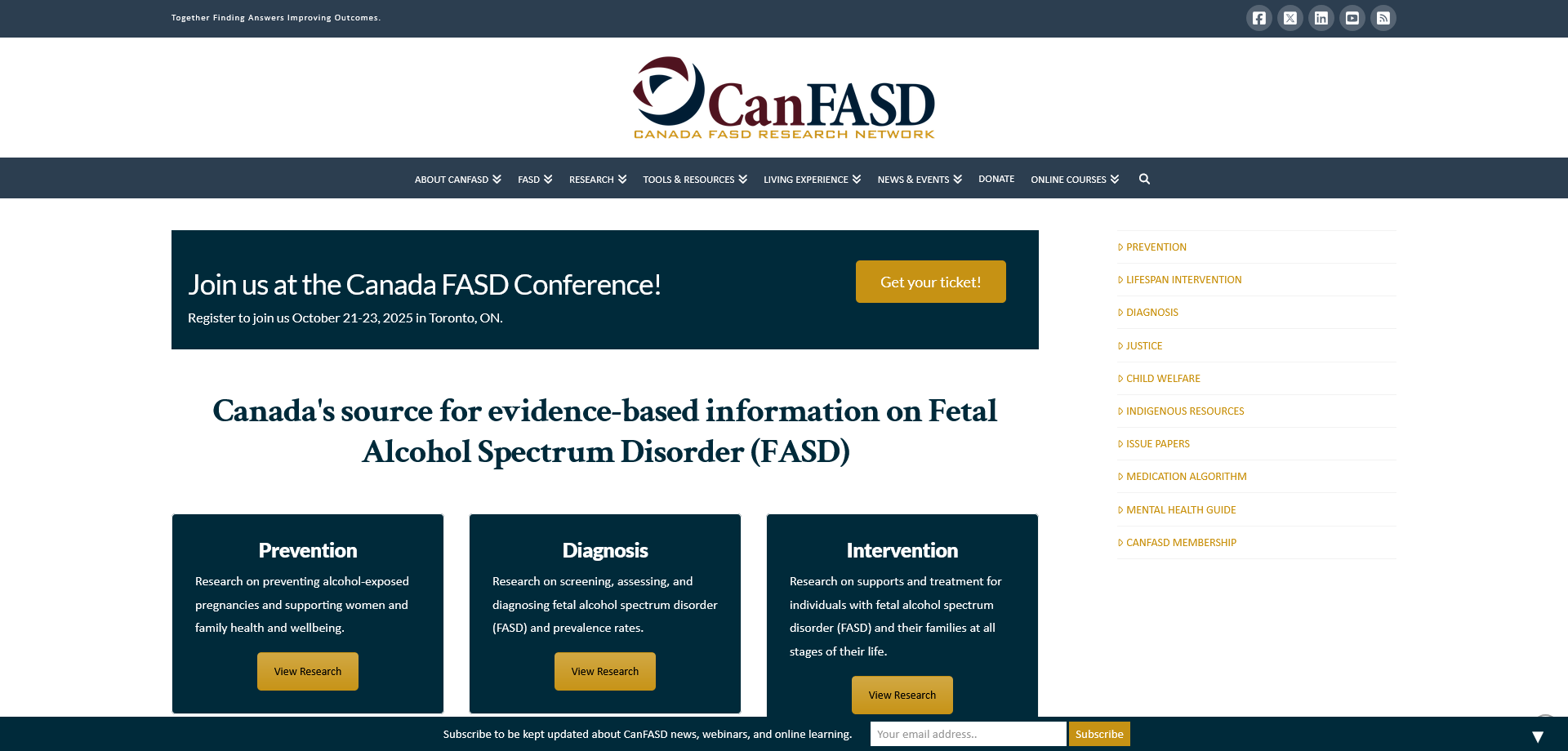 Screenshot of the CanFASD website homepage, featuring a banner for the Canada FASD Conference and sections on Prevention, Diagnosis, and Intervention for Fetal Alcohol Spectrum Disorder.