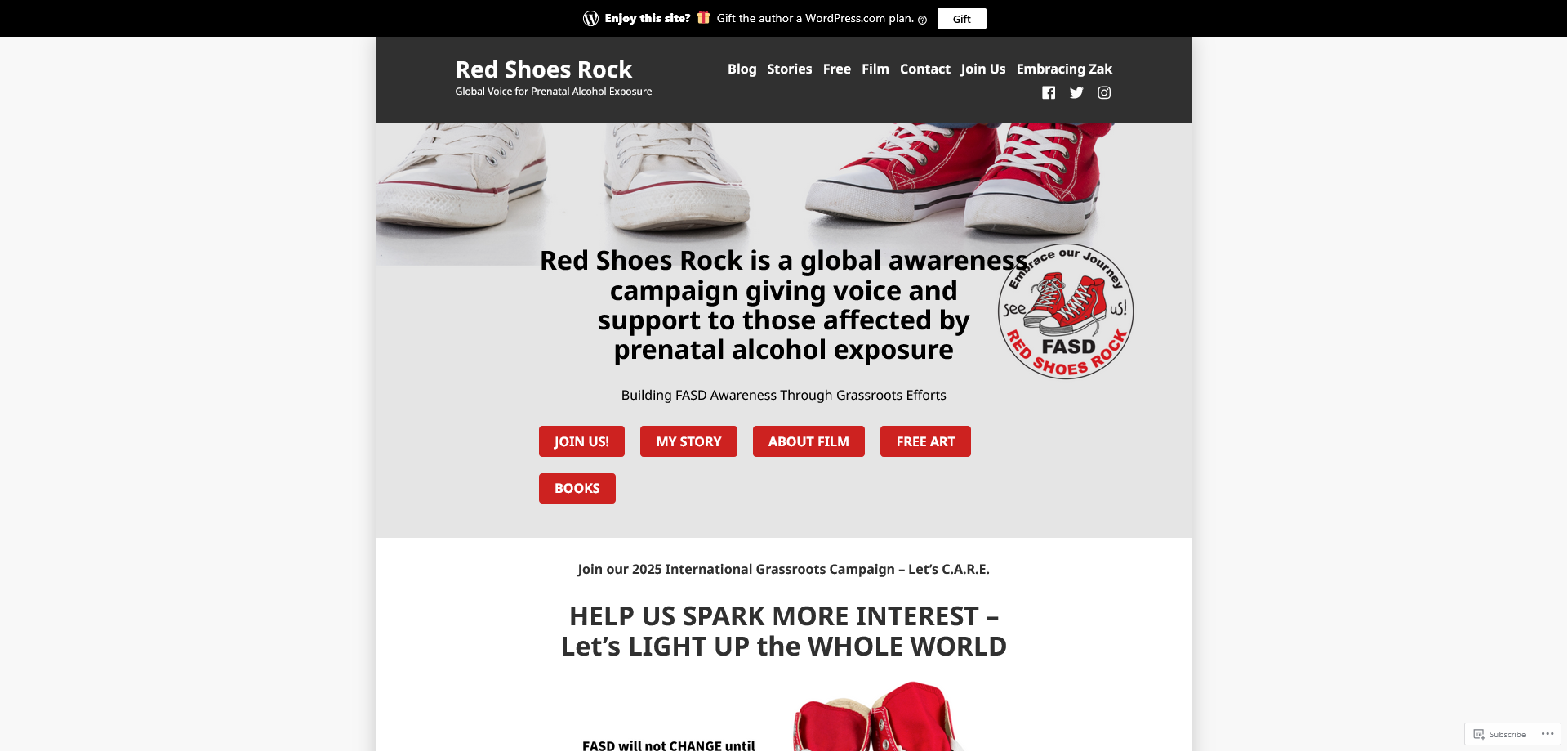 Screenshot of the Red Shoes Rock website homepage, showing red sneakers and text about raising awareness and support for those affected by prenatal alcohol exposure, with navigation buttons and campaign details.