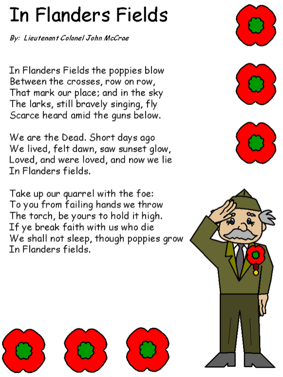 A hand-drawn poster of the poem In Flanders Fields by John McCrae, bordered with red poppies, featuring a cartoon soldier in uniform saluting and holding a poppy in his hand.