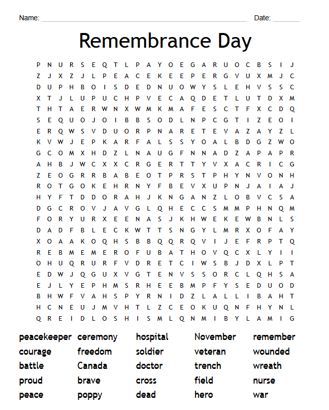 A Remembrance Day-themed word search puzzle with a list of related words such as peacekeeper, bravery, hospital, veteran, and poppy, and spaces for name and date at the top.