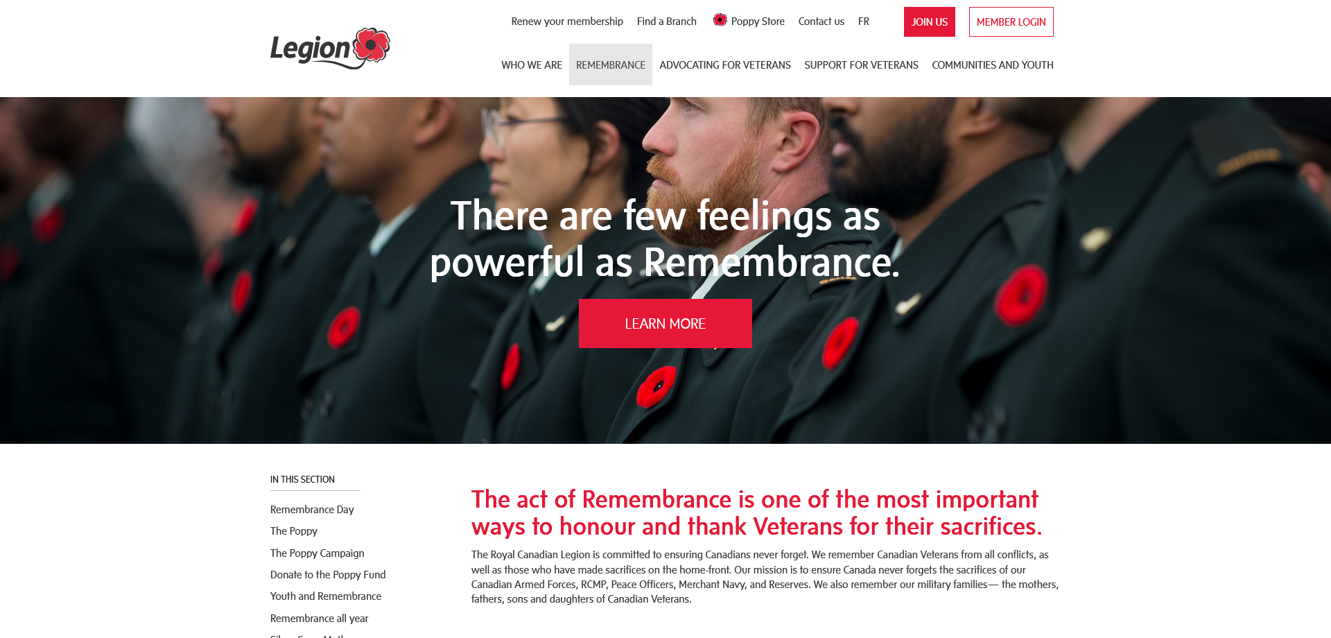 A row of people in dark uniforms wear red poppy pins on their jackets. Overlaid text reads: There are few feelings as powerful as Remembrance. A red button below says Learn More.”.