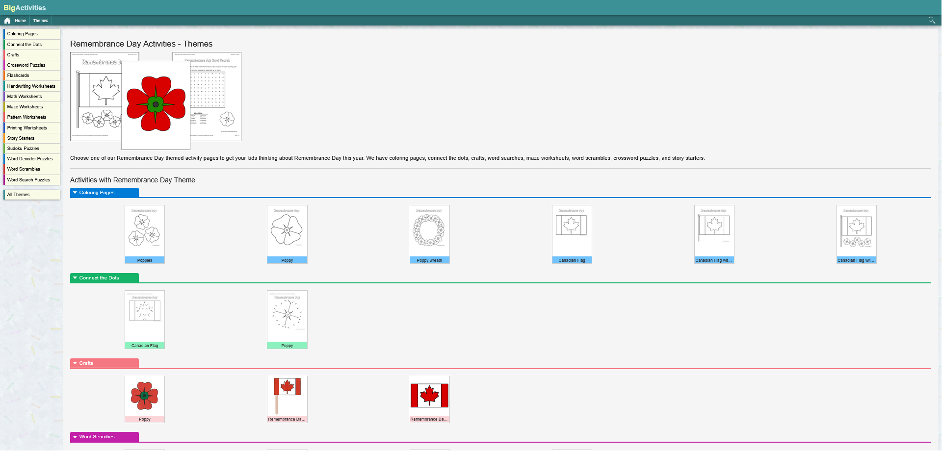 Screenshot of an educational website showing printable Remembrance Day activities, including poppy coloring pages, word searches, crosswords, and themed worksheets. The site features preview images organized by activity type.
