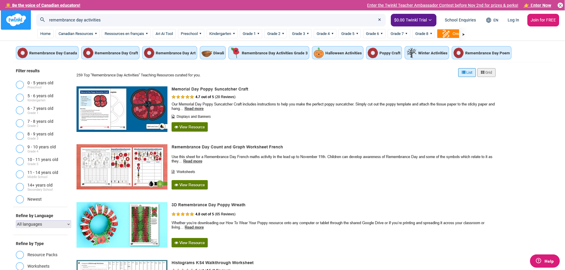 A Twinkl search results page for Remembrance Day activities shows resource options with preview images, brief descriptions, age ranges, ratings, and filter options on the left for age, language, and resource type.