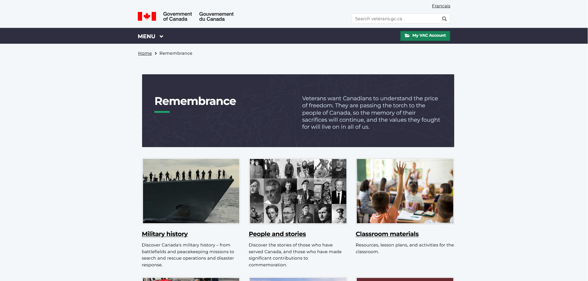 Screenshot of the Government of Canada’s Remembrance webpage, featuring sections on military history, people and stories, and classroom materials, with a dark banner highlighting the importance of veterans sacrifices.