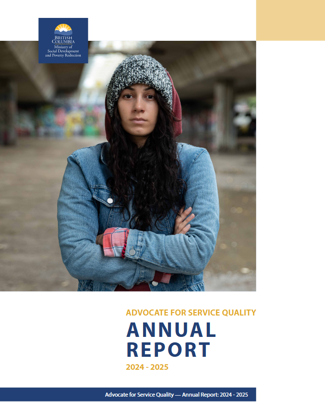 A young woman with long dark hair, wearing a denim jacket and knit hat, stands with crossed arms in an urban setting. Text below reads: Advocate for Service Quality Annual Report 2024-2025.